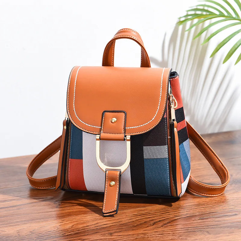 Splicing Backpack For Women PU Leather Plaid Backpack Multi-Function Knapsack