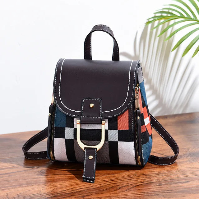 Splicing Backpack For Women PU Leather Plaid Backpack Multi-Function Knapsack