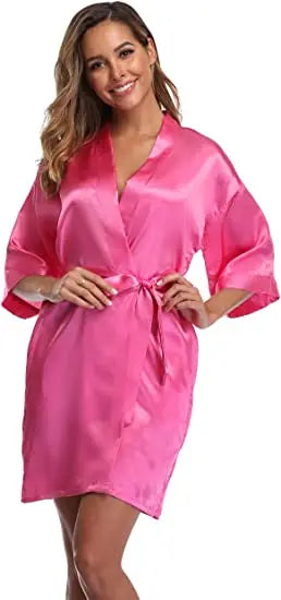 Plain Satin Robes hot pink champagne silver Kimono bathrobe