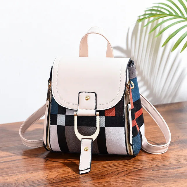 Splicing Backpack For Women PU Leather Plaid Backpack Multi-Function Knapsack