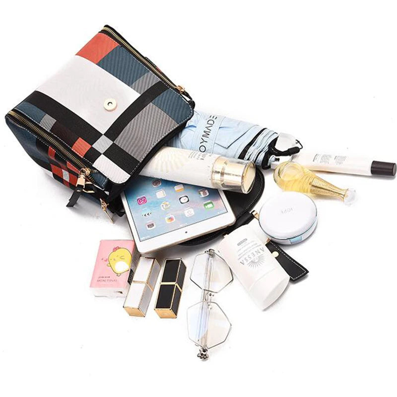 Splicing Backpack For Women PU Leather Plaid Backpack Multi-Function Knapsack