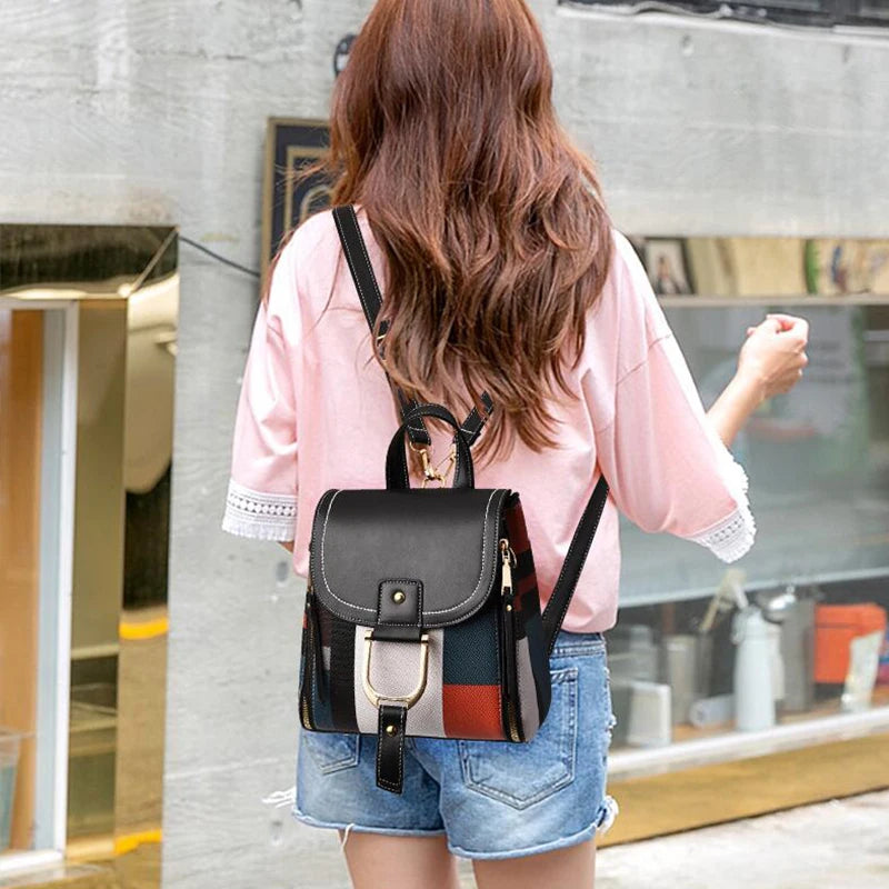 Splicing Backpack For Women PU Leather Plaid Backpack Multi-Function Knapsack