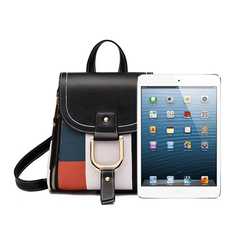 Splicing Backpack For Women PU Leather Plaid Backpack Multi-Function Knapsack