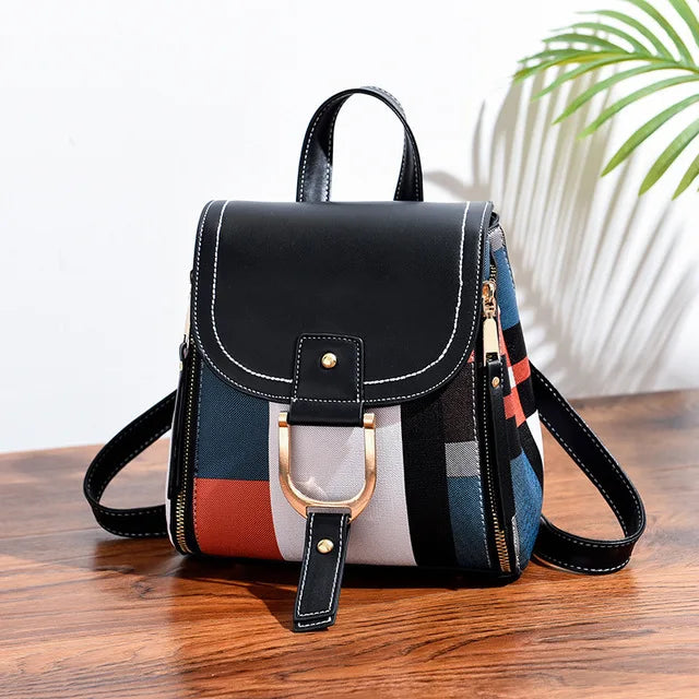 Splicing Backpack For Women PU Leather Plaid Backpack Multi-Function Knapsack