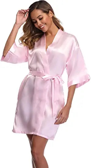 Plain Satin Robes hot pink champagne silver Kimono bathrobe