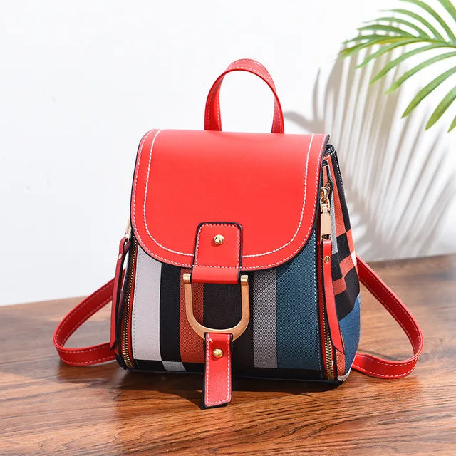 Splicing Backpack For Women PU Leather Plaid Backpack Multi-Function Knapsack