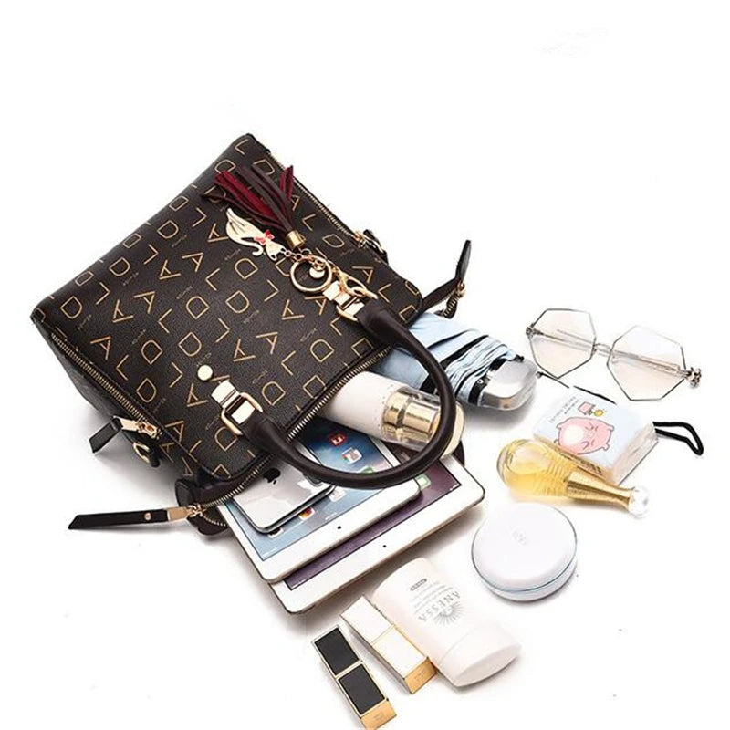 English Letter Handbag PU Leather Tassel Top-handle Luxury Shoulder Bag Large Capacity