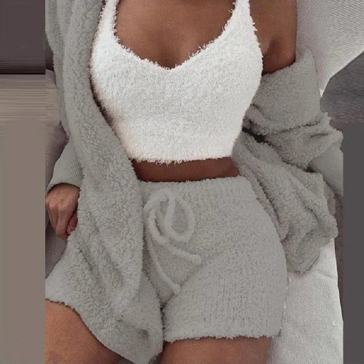 Fluffy Pajamas Set Casual Sleepwear Shorts 3 Pieces Pijamas
