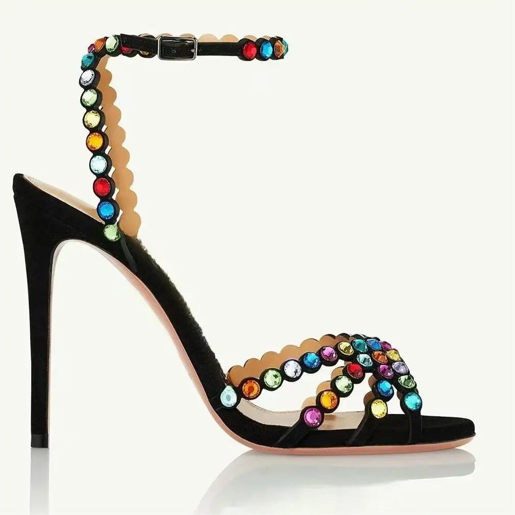 European And American New Single buckle High-heeled Multi Colored Rhinestone Fish Mouth Sandals Women's Fashion Banquet Shoes
