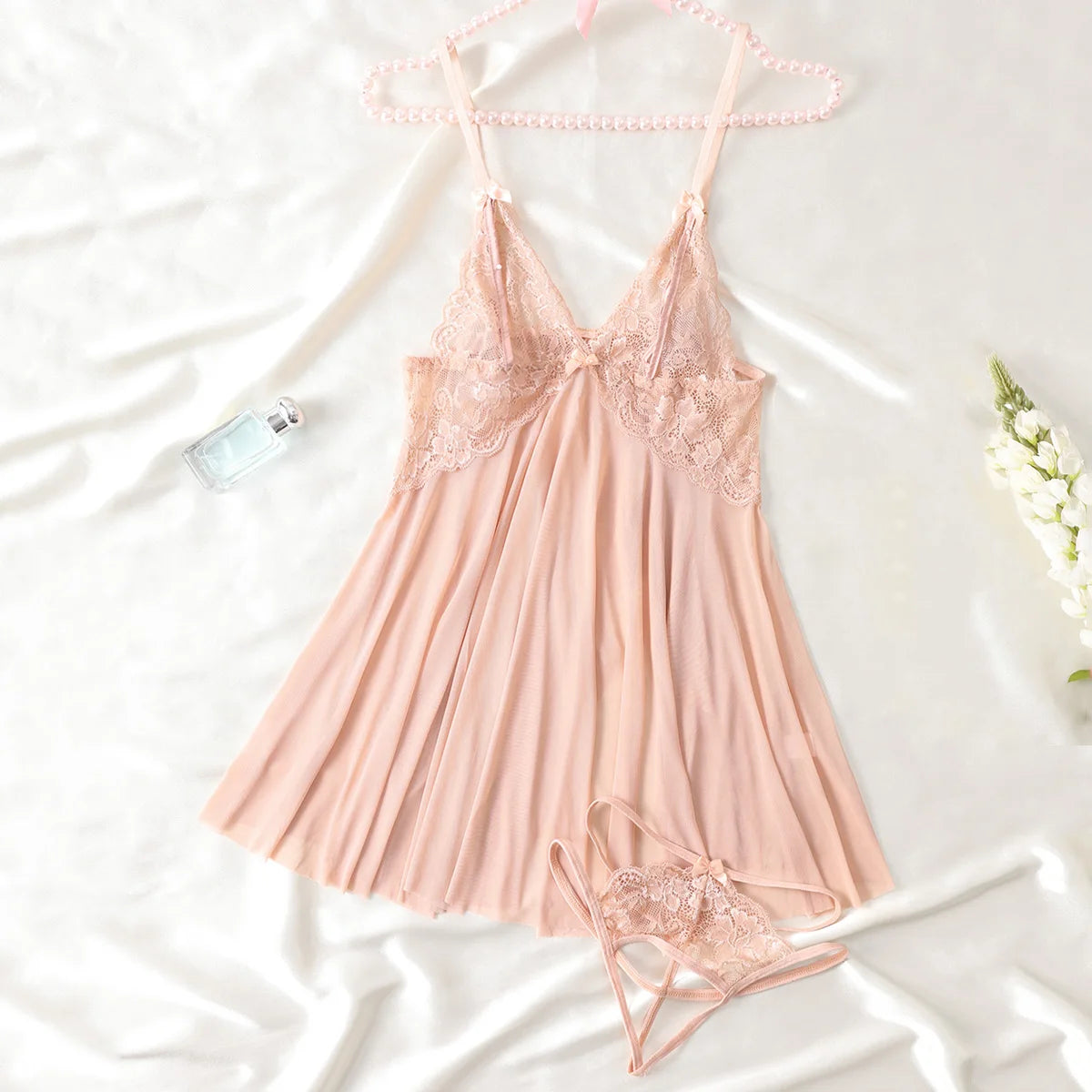 Solid Color Lace Deep V-neck Low-cut Backless Mesh Pattern Nightdress