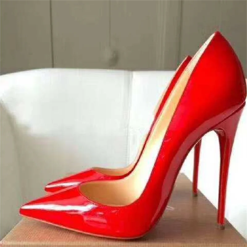 Classic Style Women Patent Pointed Toe Slip On 12cm High Heel Shoes Elegant Ladies Plain Stiletto Pumps Black Red White