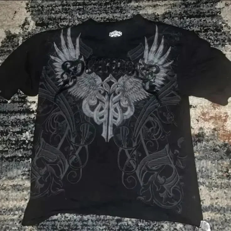 South pole Vintage Cotton Graphic Tee Distressed Oversized T-Shirt with Gothic Print