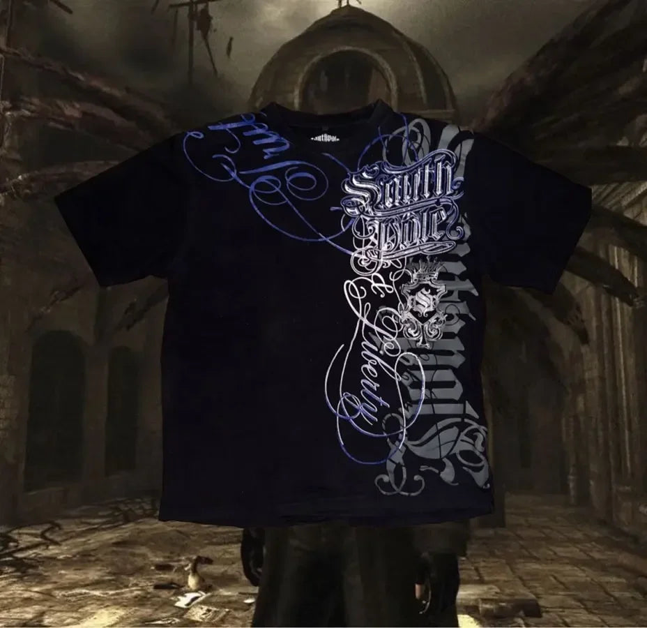 South pole Vintage Cotton Graphic Tee Distressed Oversized T-Shirt with Gothic Print