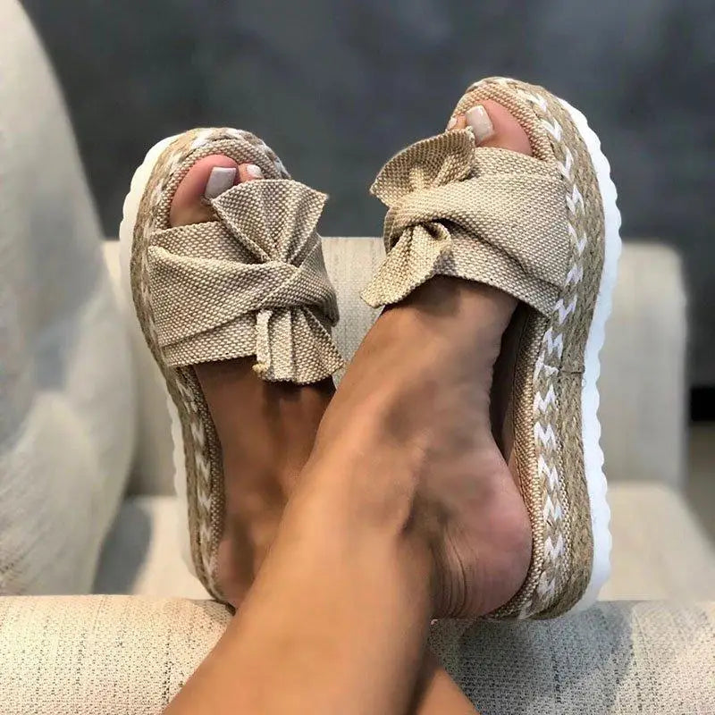 Women Bowknot Sandals  Summer Casual Daily Comfy Slip On Platform Sandals Women's Toe Breathbale Weave Sandals