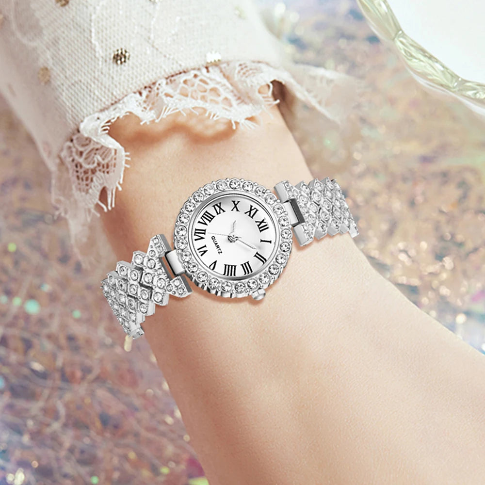 6PCS/SET Silver Women's Element Luxury Dial Quartz Watch Jewelry Set