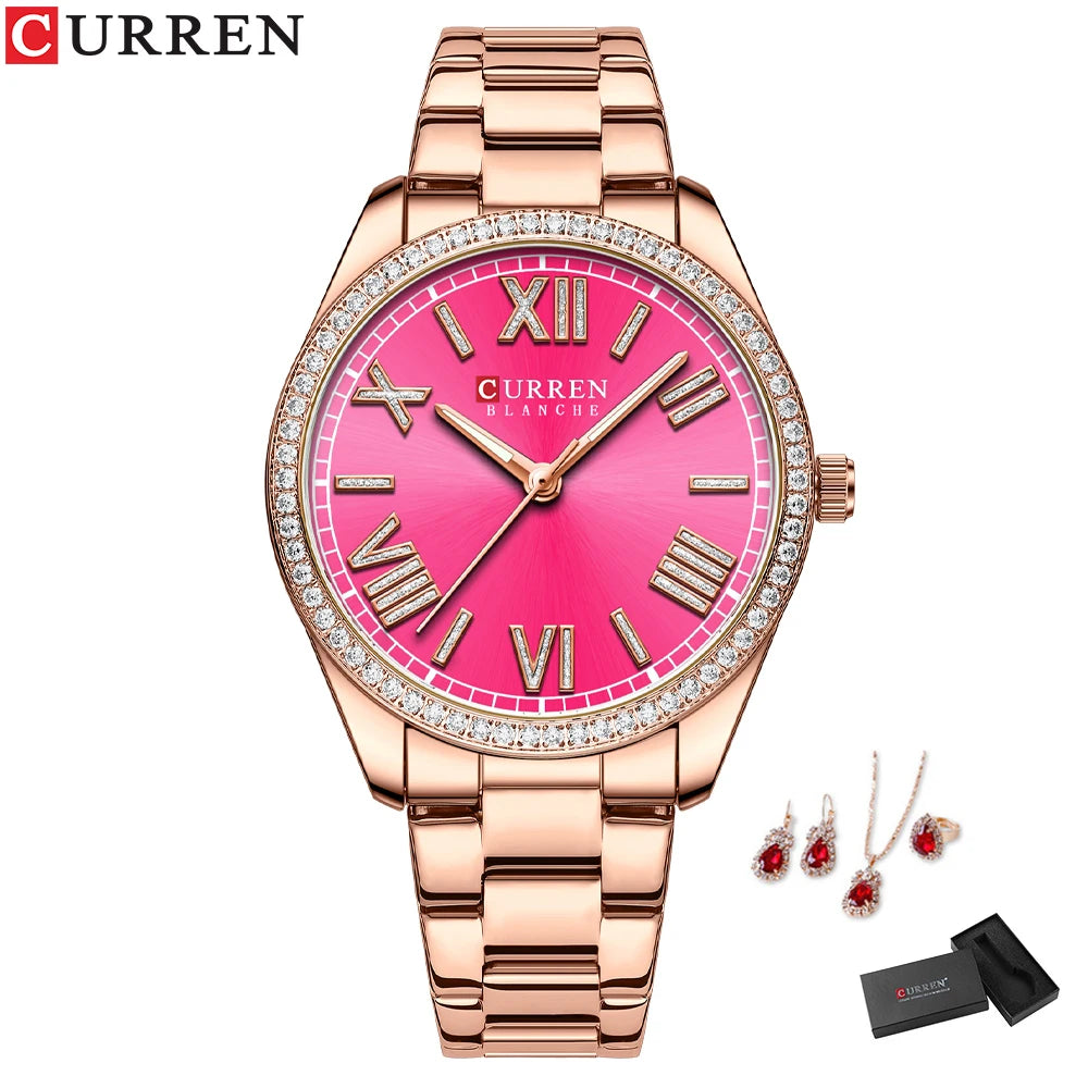 CURREN Luxury Watch Women Ring Necklace Earrings Rhinestone Fashion Wristwatch Female Casual Ladies Watches Bracelet 5PCS Set