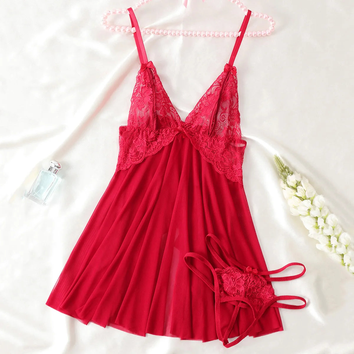 Solid Color Lace Deep V-neck Low-cut Backless Mesh Pattern Nightdress