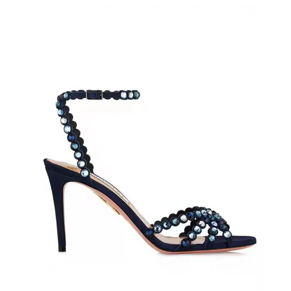 European And American New Single buckle High-heeled Multi Colored Rhinestone Fish Mouth Sandals Women's Fashion Banquet Shoes