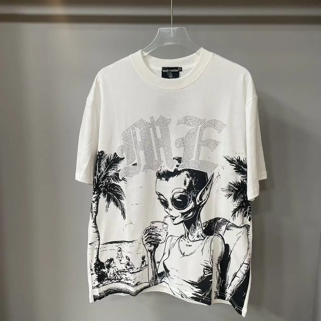 Mixed Emotion Letter Rhinestone Short Sleeve T-shirts Pure Cotton Loose Crew Neck