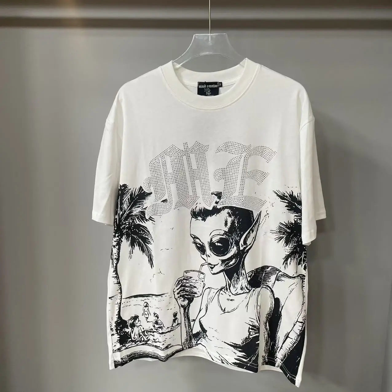 Mixed Emotion Letter Rhinestone Short Sleeve T-shirts Pure Cotton Loose Crew Neck