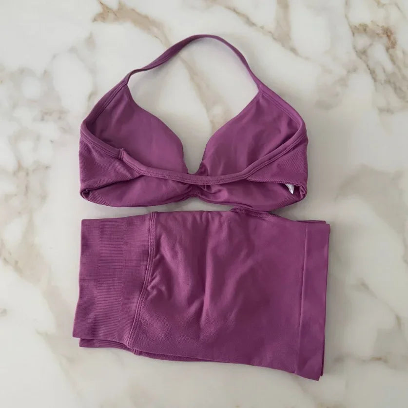 Impact Gym Set Women Two Piece Strappy Yoga Bra Top Workout Scrunch Shorts Suit Fitness Clothes Seamless Sportswear Workout Set