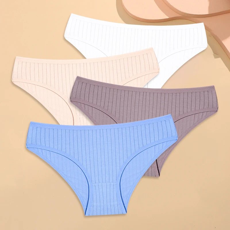 4PCS Cotton Women's Breathable Underwear Sexy Striped Panties Plus Size Low-Waist Briefs Female Comfortable Sport Lingerie S-XXL