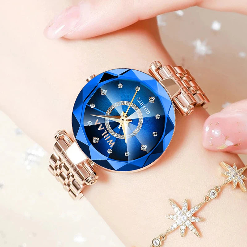 WIILAA Ocean Star Women Crystal Watch 2025 Top Brand Luxury Rose Gold Women Bracelet Wrist Watch For Ladies Relogio Feminino