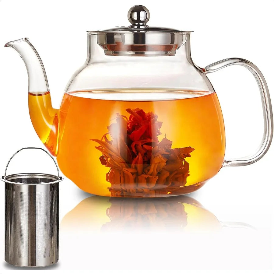 Glass Teapot 37oz 1100ml heat resistant borosilicate Glass Tea Kettle with Removable Stainless Steel Infuser for Blooming and Loo