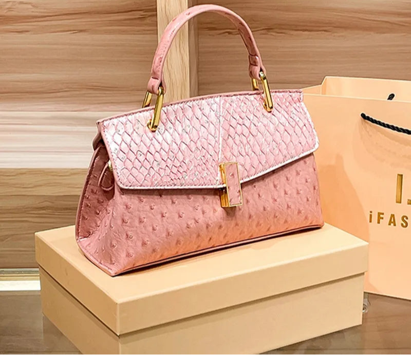 Genuine Leather Ostrich-print Shell Luxury Shoulder Bags