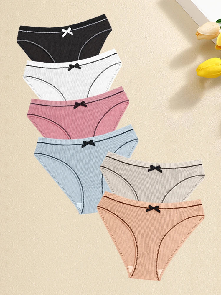 FINETOO 6Pcs Women's Ribbed Underwear Sexy Bow Tie Mid-Waist Panties Girls Solid Color Breathable Briefs Sports Soft Lingerie