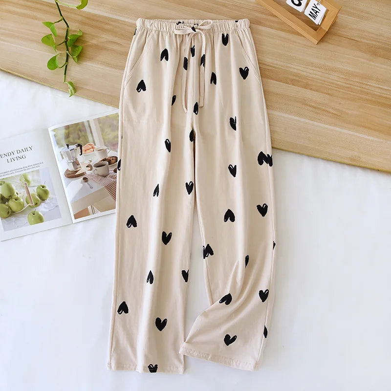 New Spring/Summer Women's Sleeping Pants 100% Pure Cotton Knitted Love Pants Straight Leg Casual Home Pants Lounge Wear