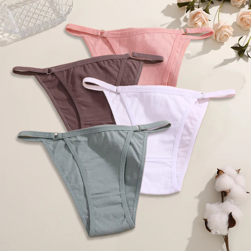 FINETOO 4Pcs Women's Cotton Panties Sexy Metal Ring Waist Underwear Solid Breathable Panties Ladies Soft Briefs Comfort Lingerie