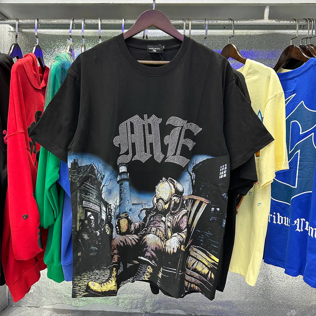 Mixed Emotion Letter Rhinestone Short Sleeve T-shirts Pure Cotton Loose Crew Neck