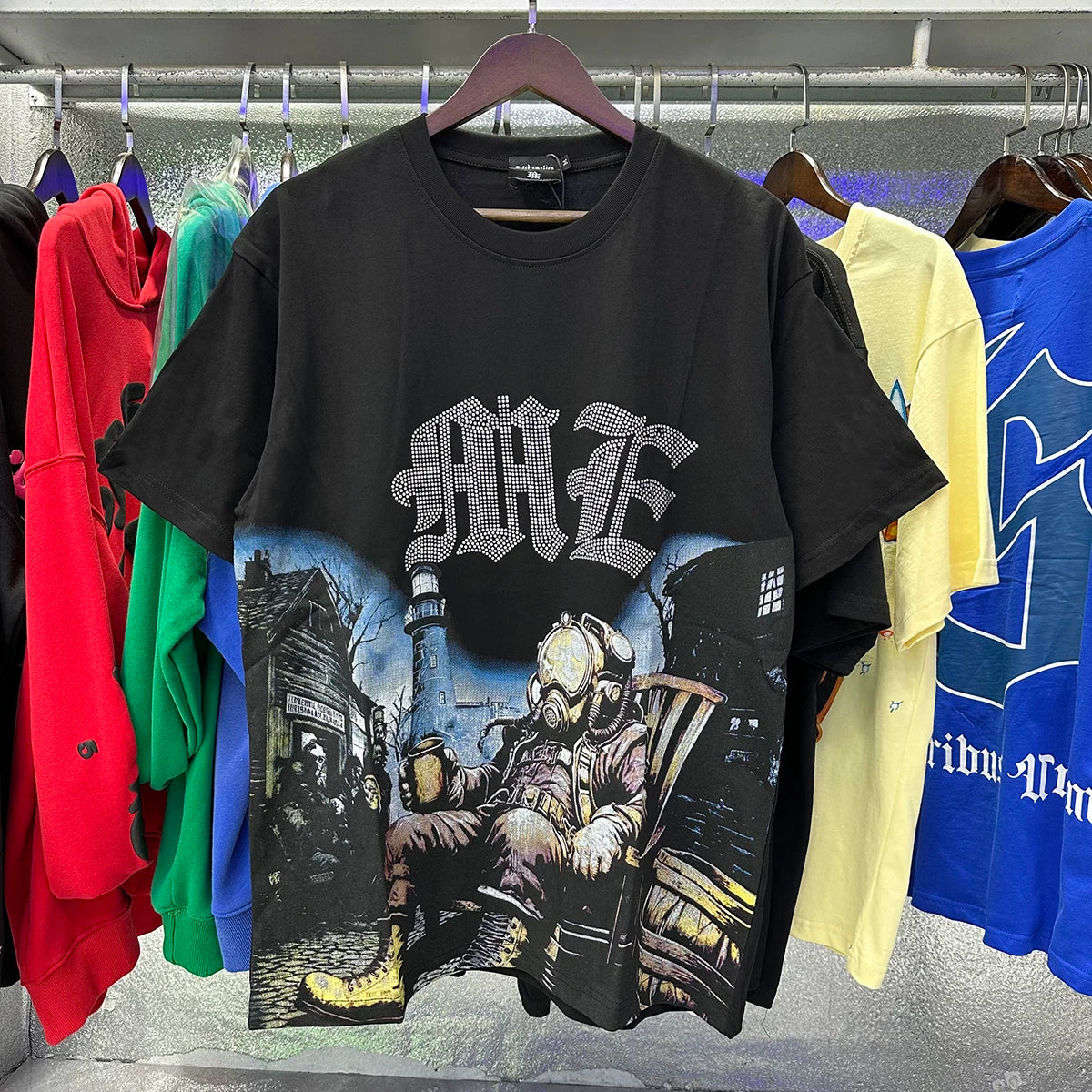 Mixed Emotion Letter Rhinestone Short Sleeve T-shirts Pure Cotton Loose Crew Neck