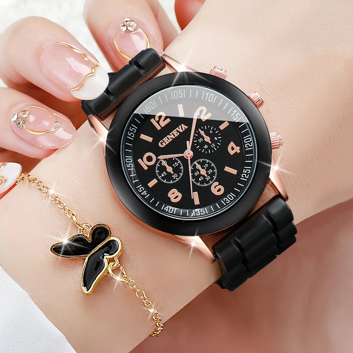 5/6PCS Women's Watch Casual Silicone Band Quartz Watches Butterfly Jewelry Set(Without Box)
