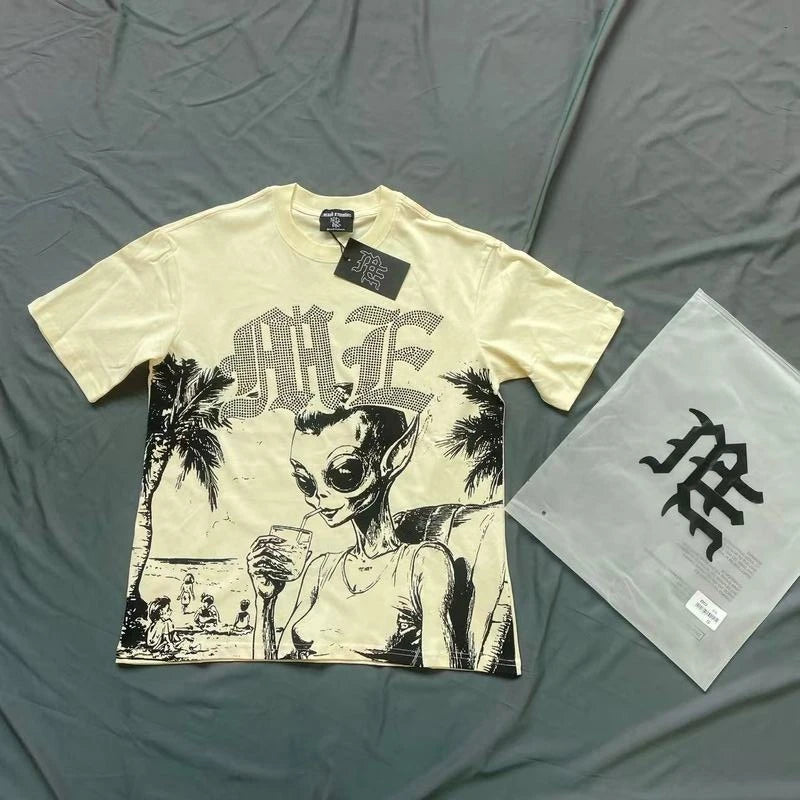 Mixed Emotion Letter Rhinestone Short Sleeve T-shirts Pure Cotton Loose Crew Neck