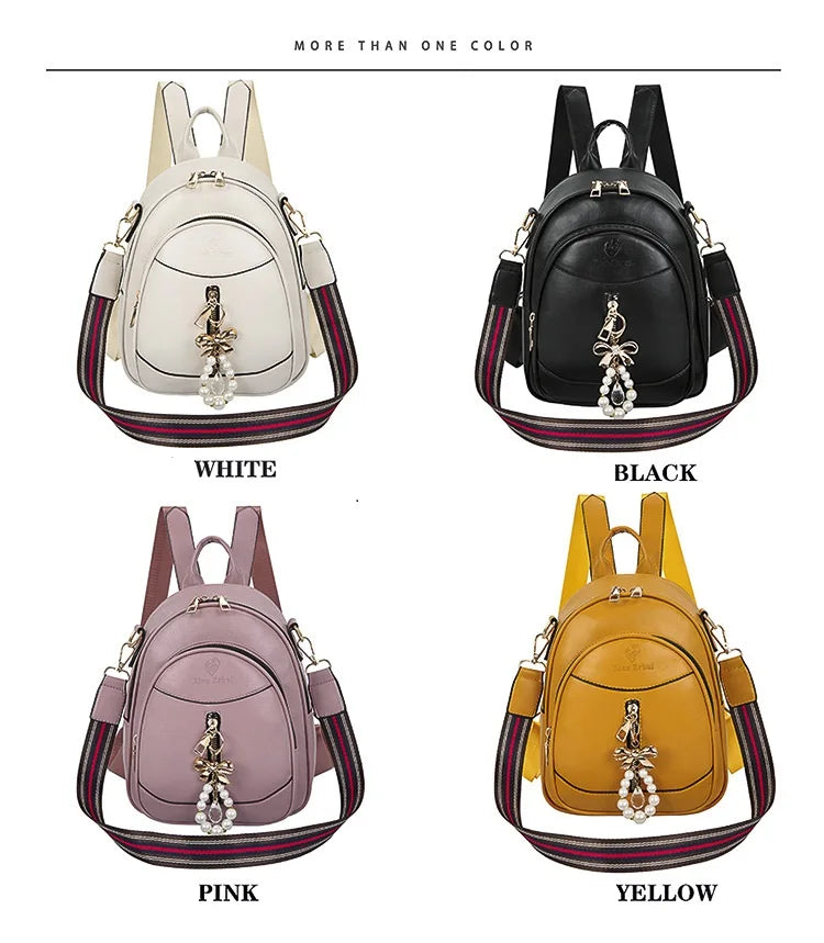 Women Backpacks PU Leather Teenage Shoulder Bags small Pearl Tassel