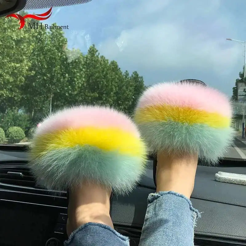 Fur Slippers Women Summer Fluffy Plush Casual Fluffy Flat Non-Slip Real Fox Fur Slides Outdoor Flat Ladies Sandals Flip Flops