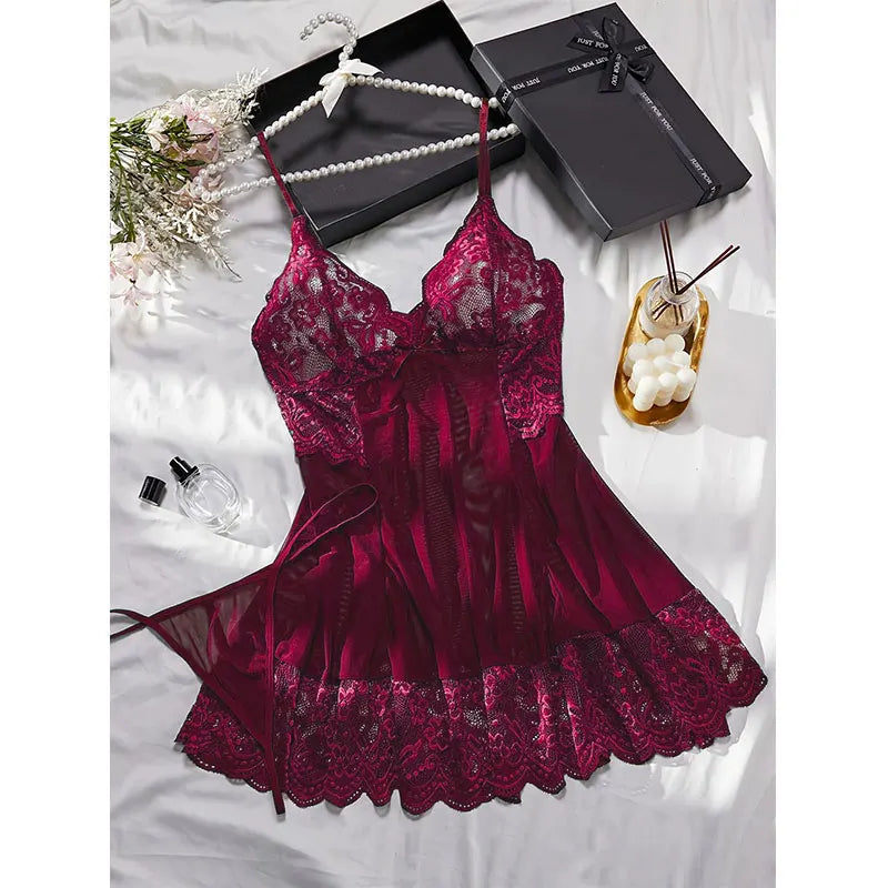 Sleeping See Through Sleepwear Thin Halter Nightdress And Thong Set