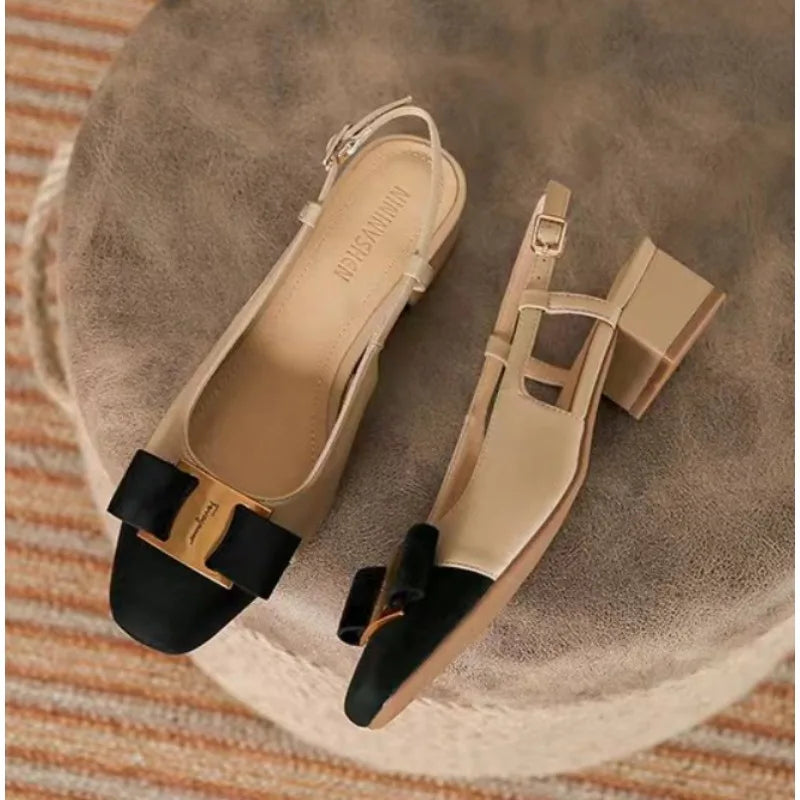 Luxury New Women's Sandals Elegant Medium Heel Toe Mules Comfortable Office Women's Shoes Buckle Heels Women Pumps