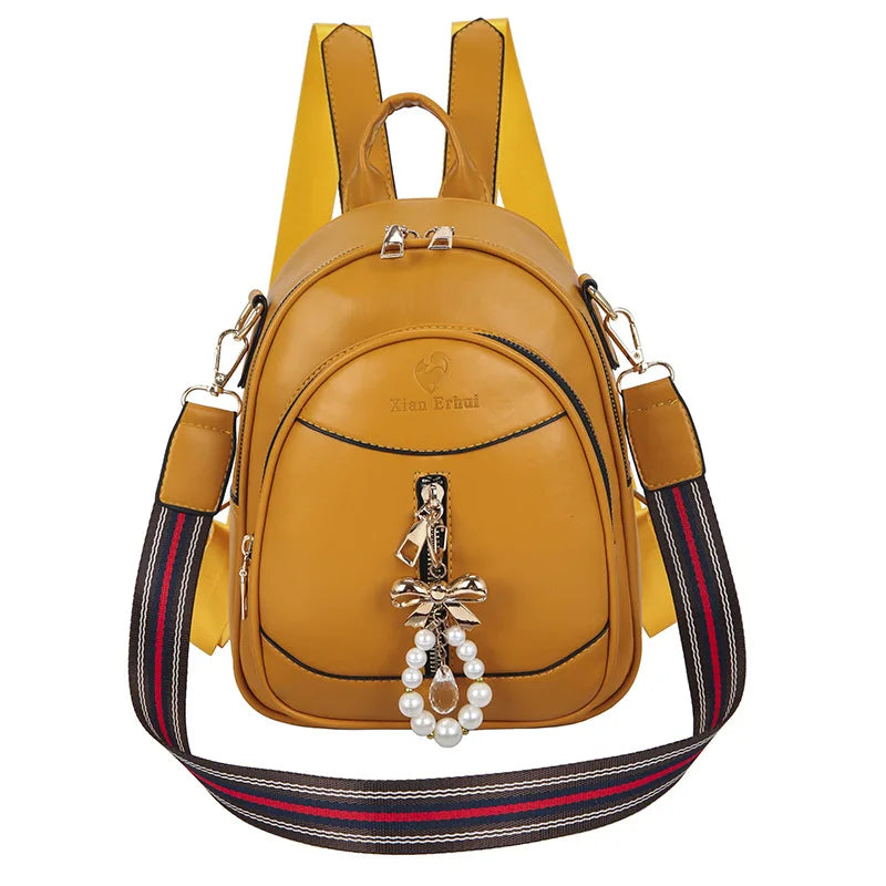 Women Backpacks PU Leather Teenage Shoulder Bags small Pearl Tassel