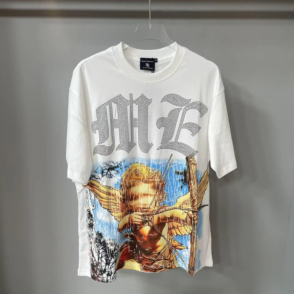 Mixed Emotion Letter Rhinestone Short Sleeve T-shirts Pure Cotton Loose Crew Neck