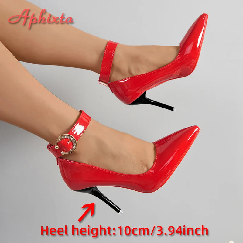 Aphixta Stiletto Heels - Bold Red & Black Metal Buckle, Riveted Pointed Toe, Perfect for Parties - Sizes 51, 52, 53