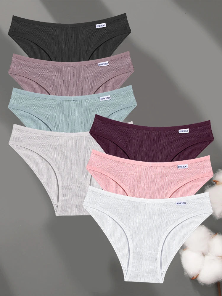 FINETOO 7Pcs Cotton M-3XL Striped Underwear Women's Breathable Panties Sexy V Waist Comfortable Briefs Ladies Low Waist Lingerie