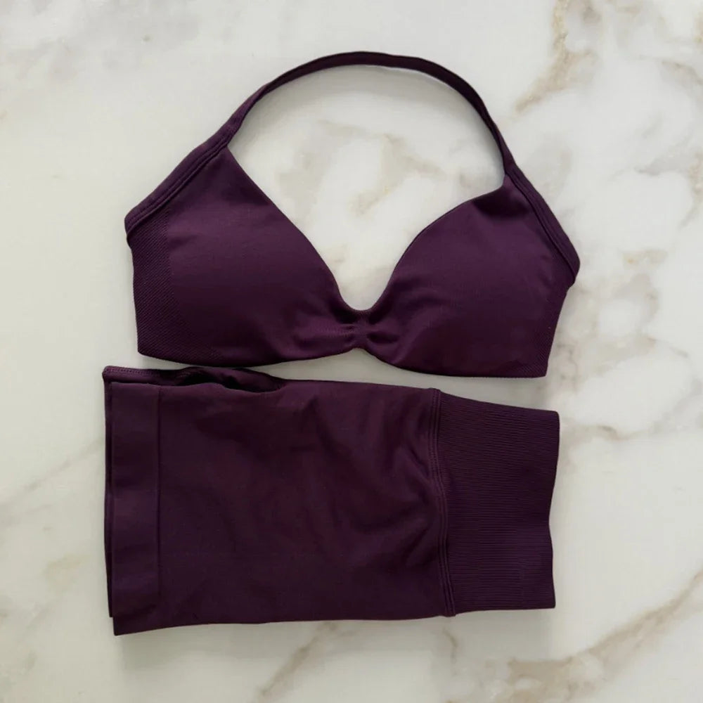 Impact Gym Set Women Two Piece Strappy Yoga Bra Top Workout Scrunch Shorts Suit Fitness Clothes Seamless Sportswear Workout Set