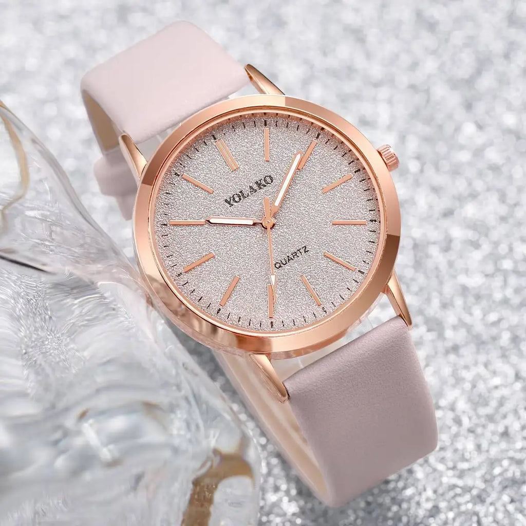 5PCS/Set Fashion Women Watches Simple Leather Strap Quartz Wristwatch Pearls Jewelry Set Reloj Mujer（Without Box）