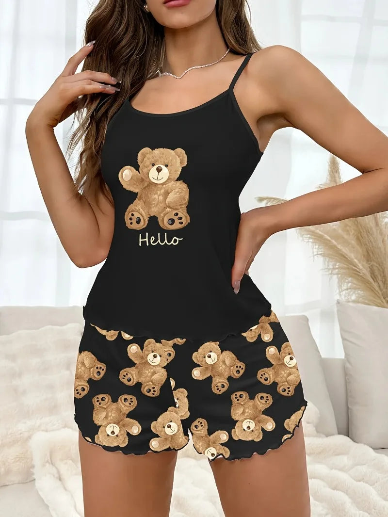 Summer Cute Black Bear Printed Sling Crop Tops and Shorts Pajamas Set for Women's Loungewear Sleepwear Home Wear Clothes