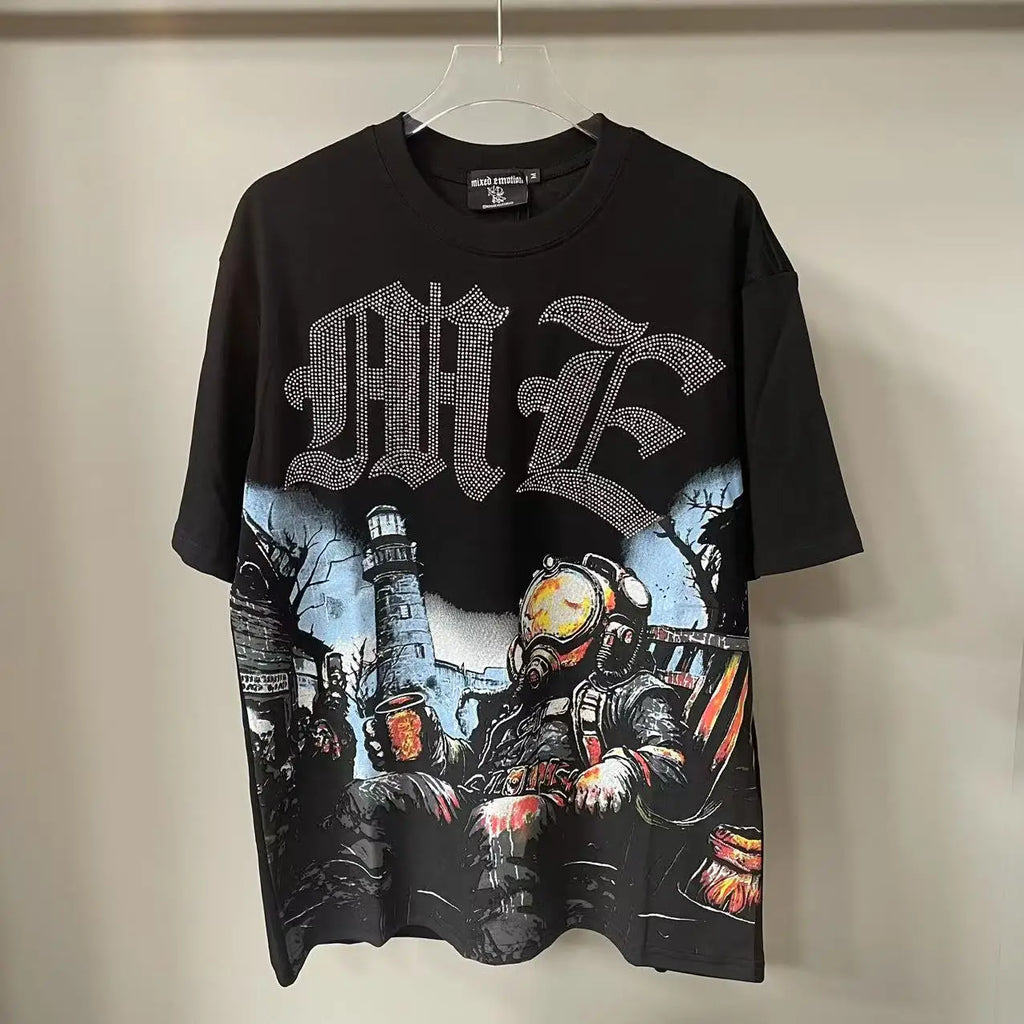 Mixed Emotion Letter Rhinestone Short Sleeve Black Oversized Tshirt