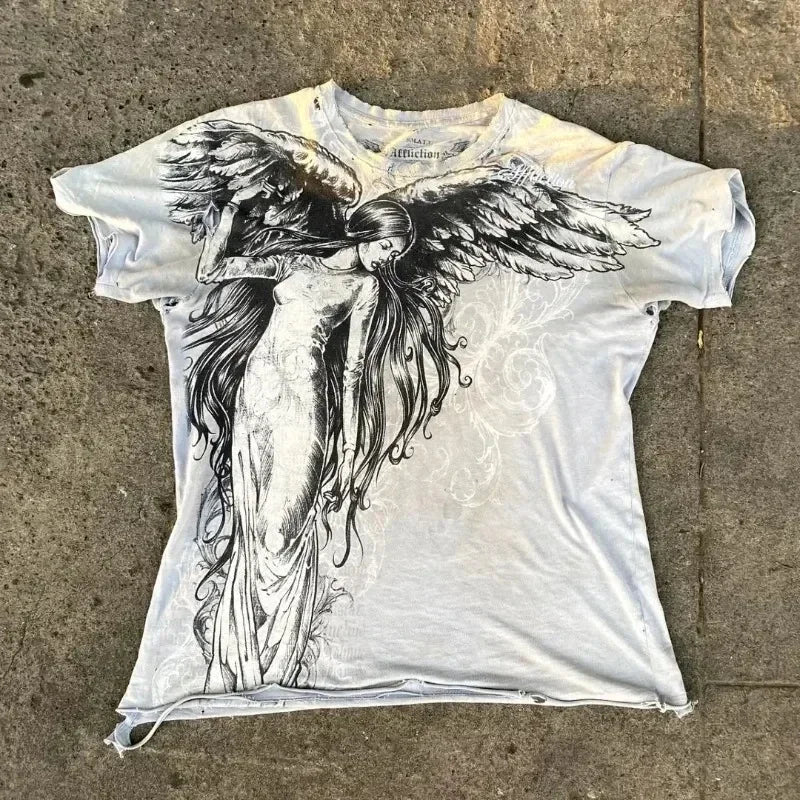 Graphic T-Shirt Mens Large Grunge Wings  Pure Cotton Shirt