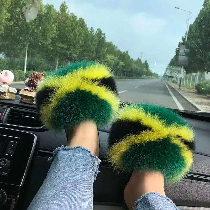 Fur Slippers Women Summer Fluffy Plush Casual Fluffy Flat Non-Slip Real Fox Fur Slides Outdoor Flat Ladies Sandals Flip Flops